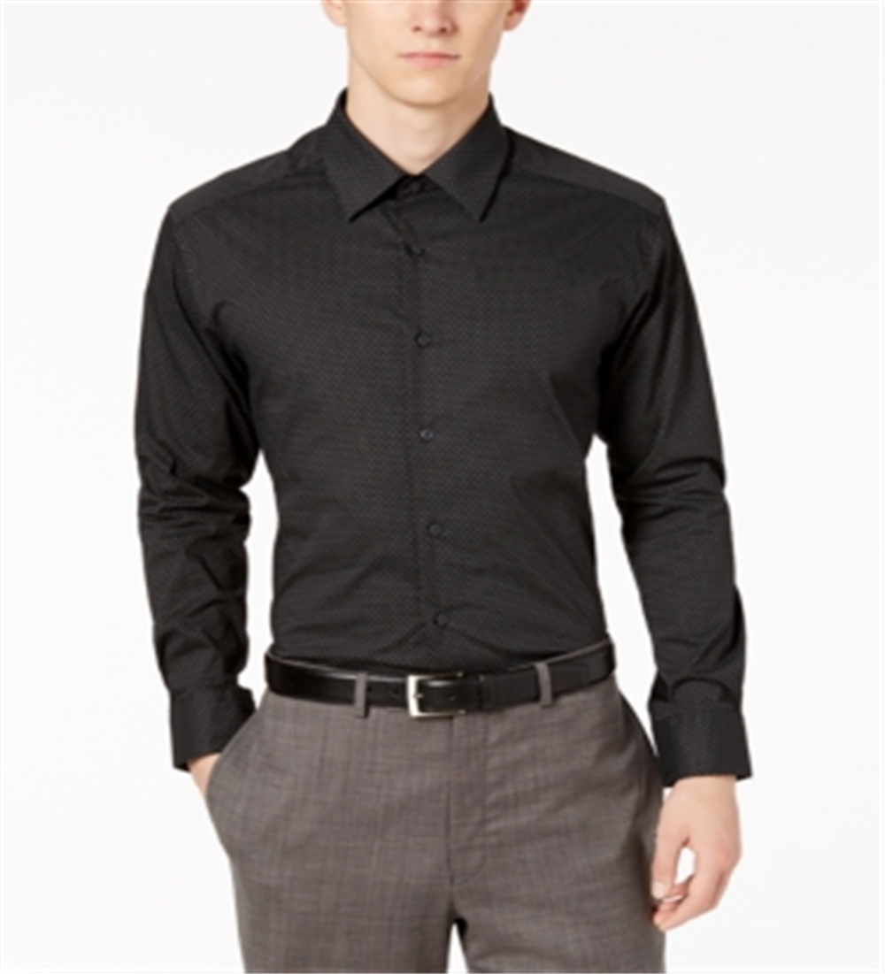 Camisa social masculina Alfani com botões e estampa de diamante, preta, tamanho 18,5 x 34 x 35