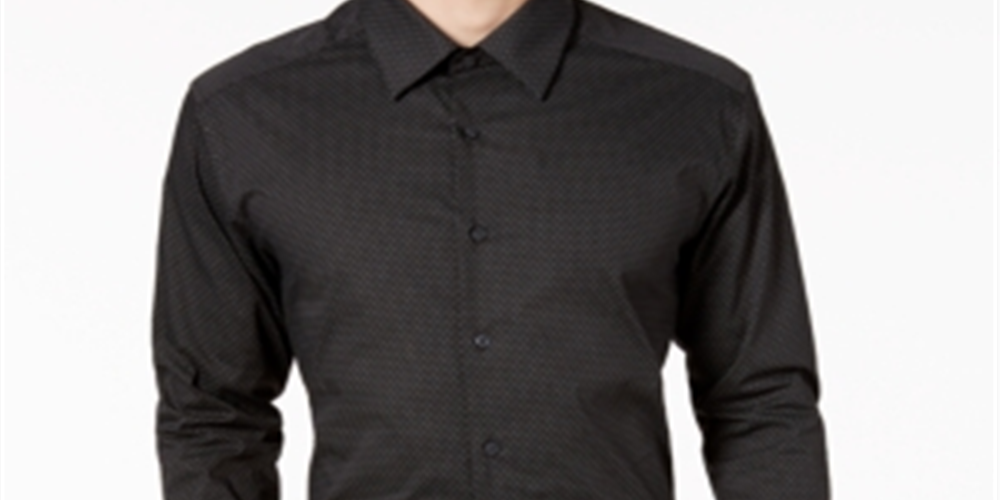 Camisa social masculina Alfani com botões e estampa de diamante, preta, tamanho 18,5 x 34 x 35