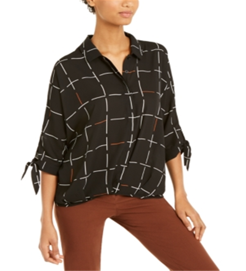 Blusa feminina Alfani com estampa e mangas amarradas, preta, tamanho P