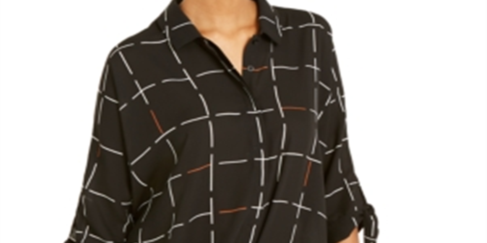 Blusa feminina Alfani com estampa e mangas amarradas, preta, tamanho P