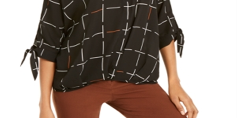 Blusa feminina Alfani com estampa e mangas amarradas, preta, tamanho P