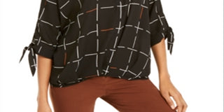 Blusa feminina Alfani com estampa e mangas amarradas, preta, tamanho P