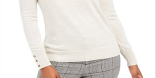 Suéter feminino de lã merino com punho de botão e gola redonda, tamanho XS