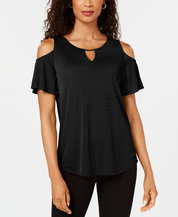 JM Collection Top texturizado feminino com ombros descobertos, preto, tamanho extragrande