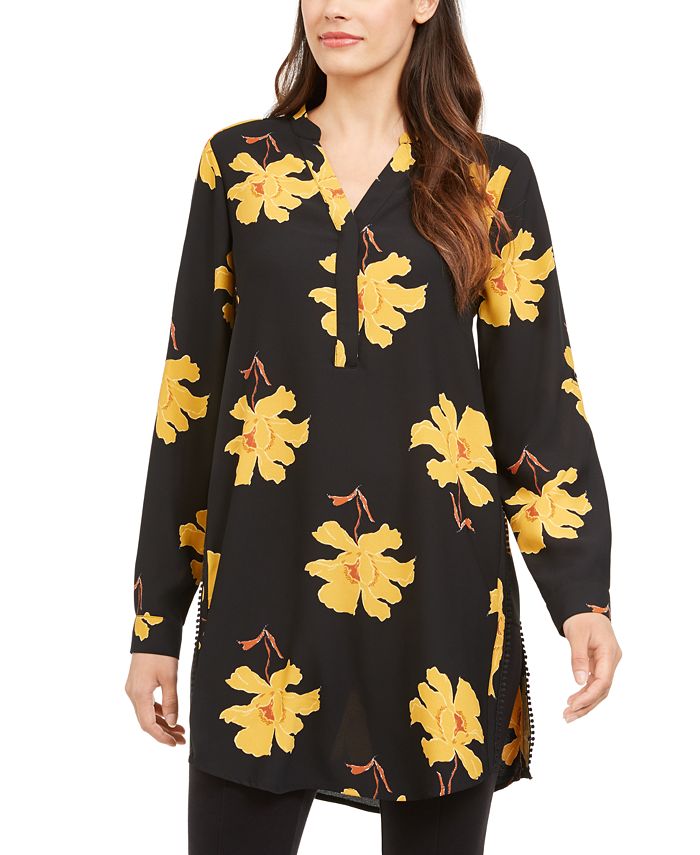 Blusa túnica feminina Alfani estampada com mangas bufantes e abas dobradas, preta, tamanho médio