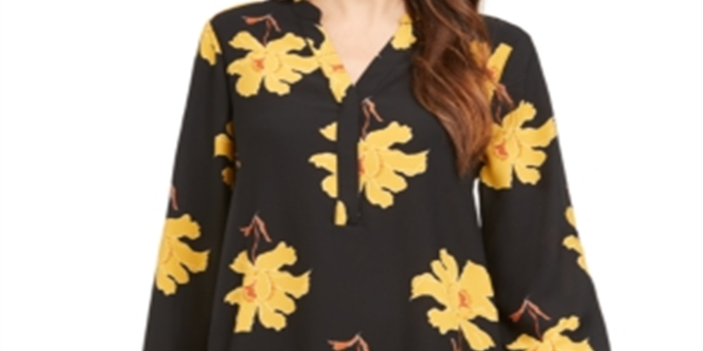 Blusa túnica feminina Alfani estampada com mangas bufantes e abas dobradas, preta, tamanho médio