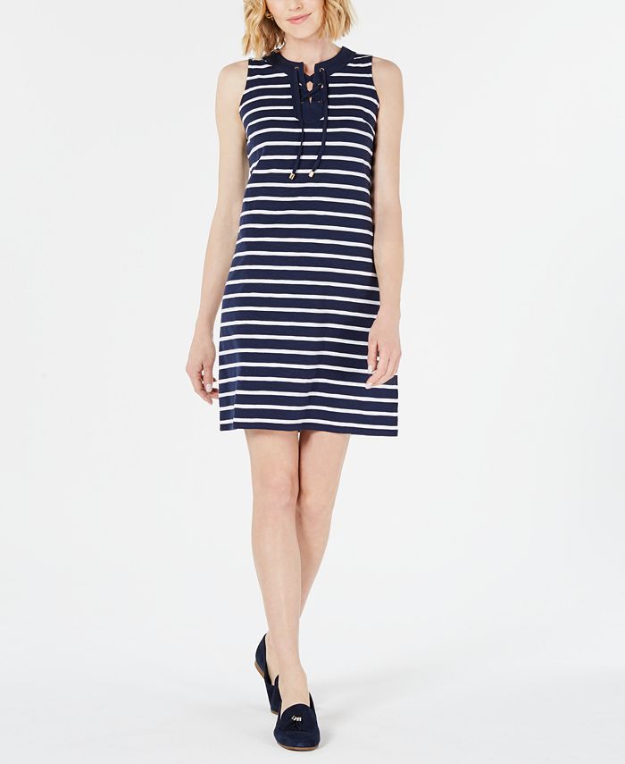 Vestido feminino Charter Club com decote em renda e listras acima do joelho, azul, tamanho grande