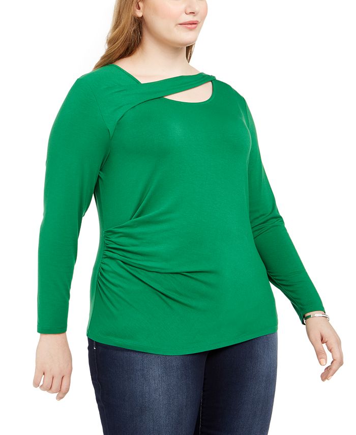 Blusa feminina de manga comprida com gola alta e gola alta da INC International Concepts, verde, tamanho 0X