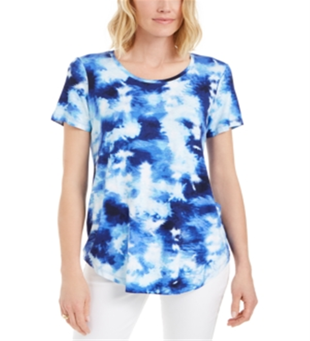 Camiseta feminina estampada com decote redondo e manga curta JM Collection, tamanho grande, azul