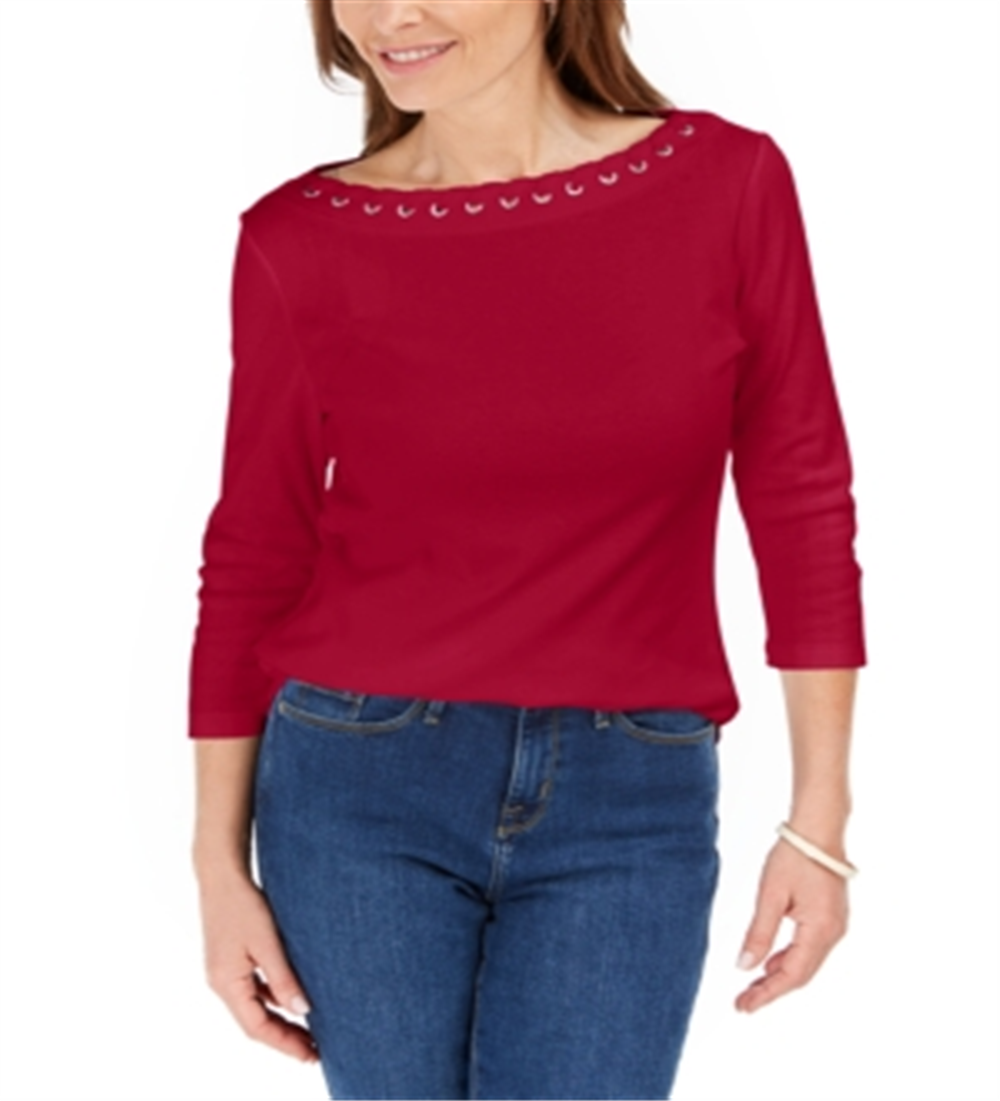 Karen Scott Top Feminino de Algodão com Gola Canoa e Acabamento em Ilhós, Vermelho, Tamanho Pequeno P