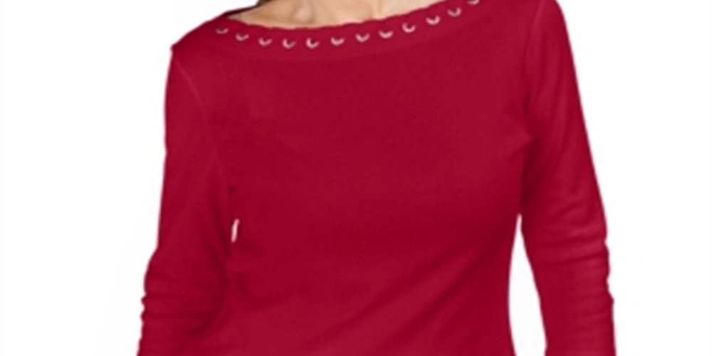 Karen Scott Top Feminino de Algodão com Gola Canoa e Acabamento em Ilhós, Vermelho, Tamanho Pequeno P