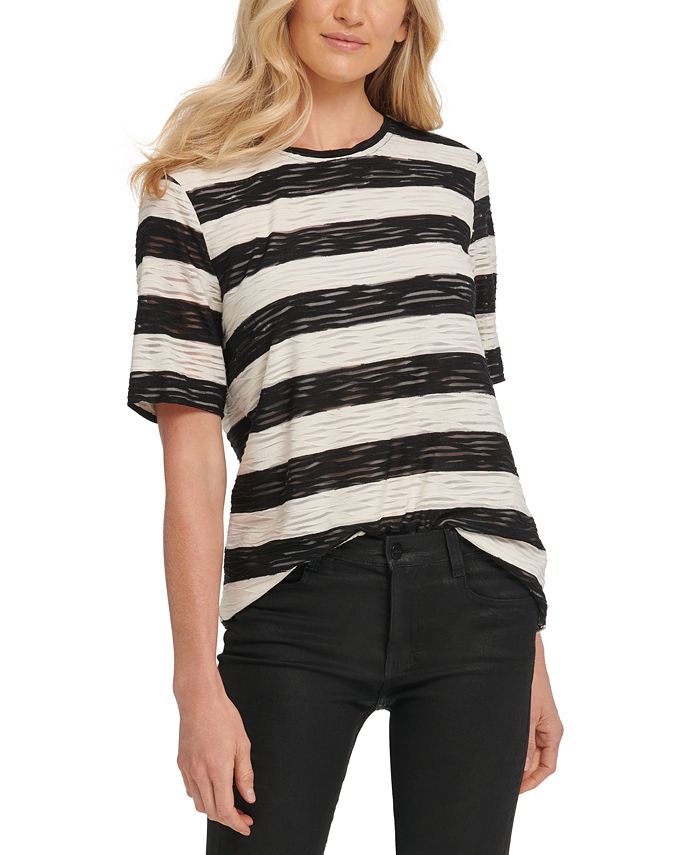 Camiseta listrada feminina DKNY, branca, tamanho X-G