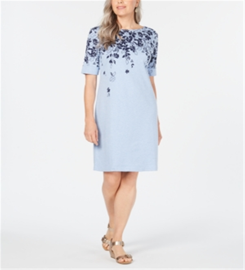 Vestido feminino Karen Scott manga curta acima do joelho azul tamanho P