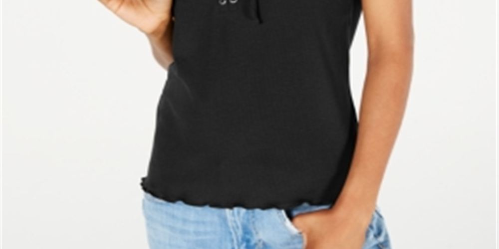 Top de malha canelada com cadarço Hippie Rose Junior, preto, tamanho X-G