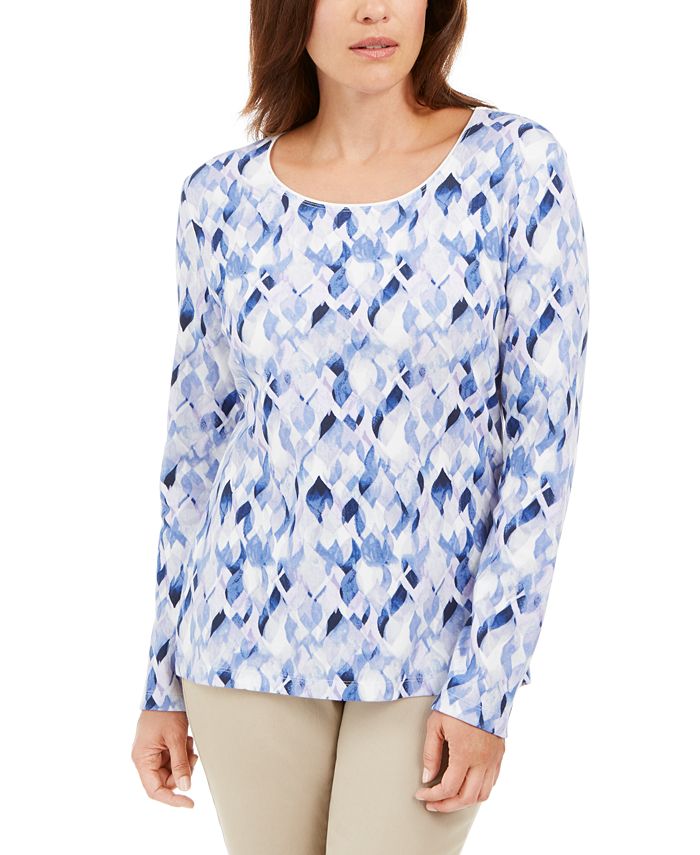 Blusa feminina Karen Scott com decote redondo estampado, azul, tamanho X-S