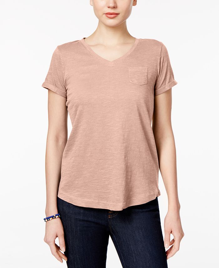 Camiseta feminina com decote em V e bolso, tamanho pequeno, amarela, estilo &amp; co