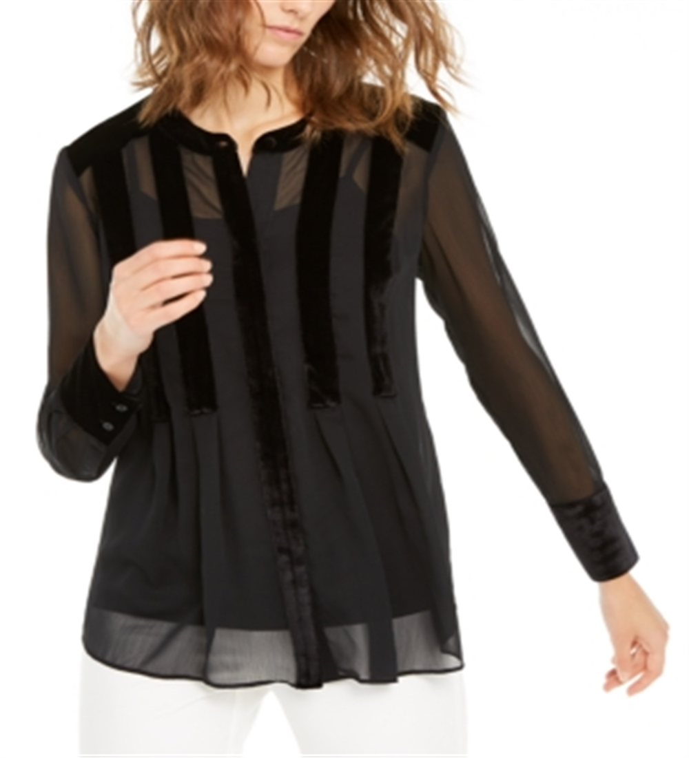 Blusa feminina Alfani com botões frontais e acabamento em veludo, preta, tamanho grande