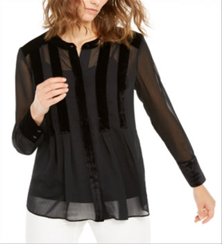 Blusa feminina Alfani com botões frontais e acabamento em veludo, preta, tamanho grande