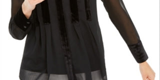 Blusa feminina Alfani com botões frontais e acabamento em veludo, preta, tamanho grande