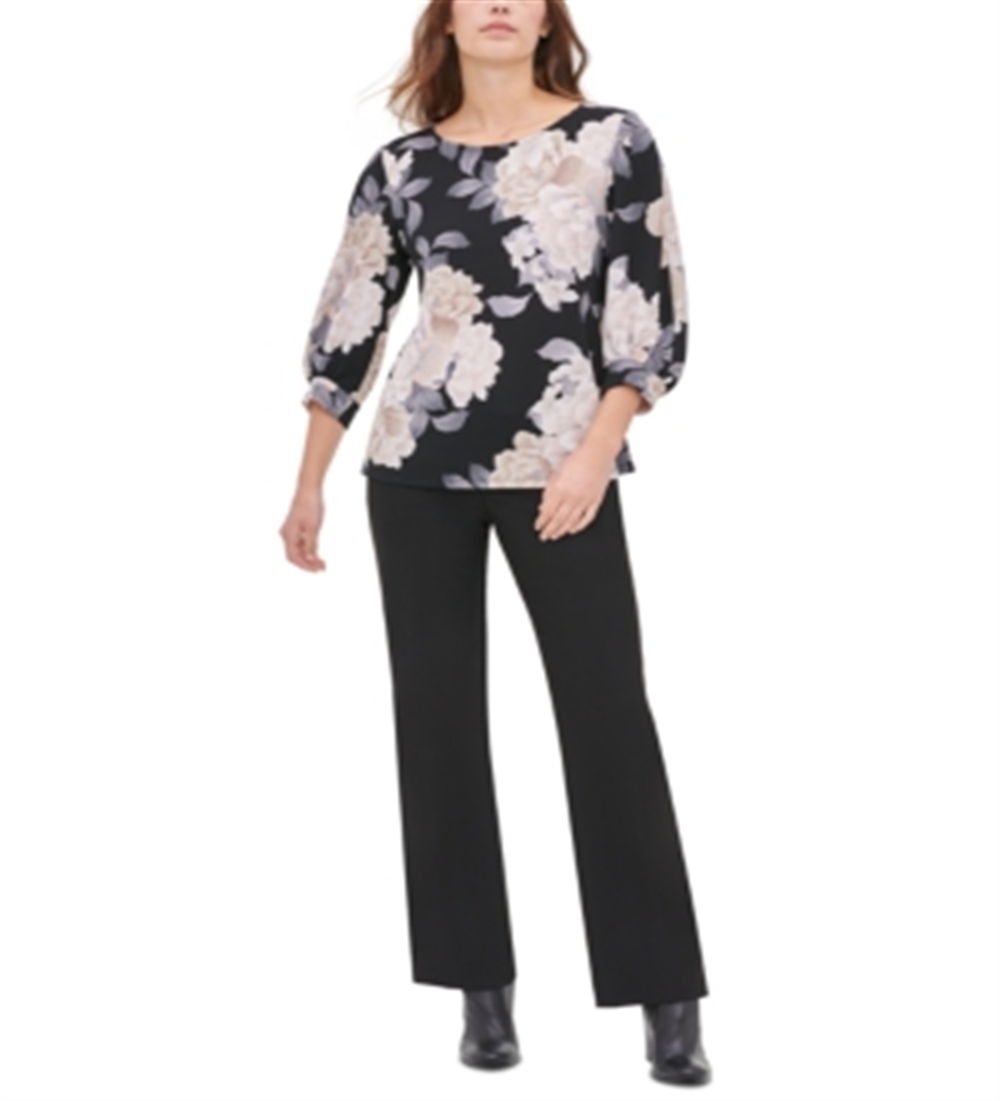 Camiseta Calvin Klein Feminina Floral Manga 3/4 Preta Tamanho P