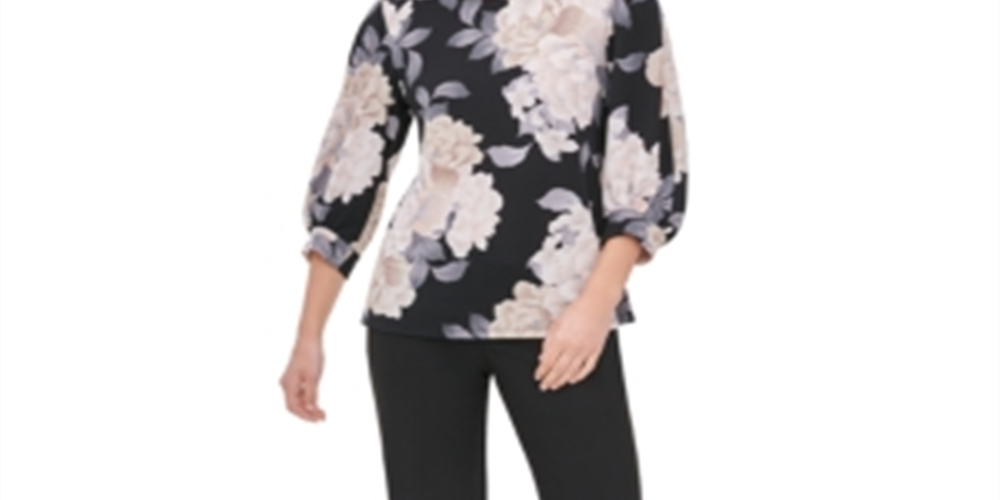Camiseta Calvin Klein Feminina Floral Manga 3/4 Preta Tamanho P