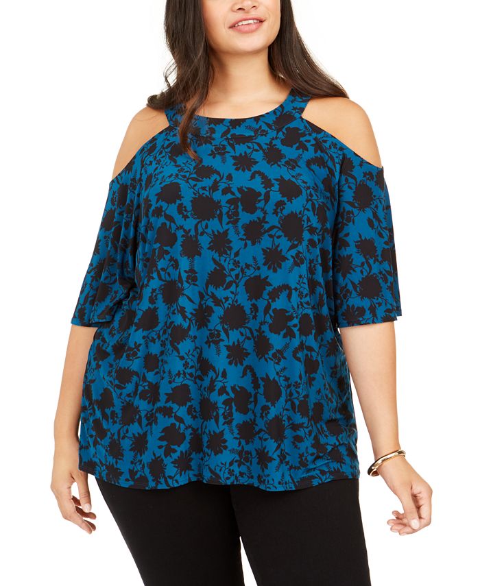 Blusa feminina plus size estampada ombro a ombro azul INC International Concepts, tamanho 0X