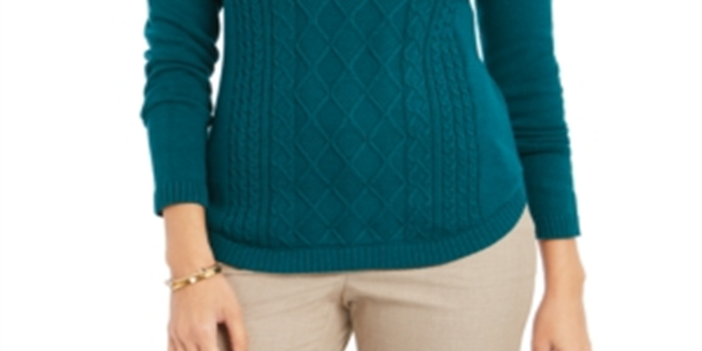 Charter Club Blusa feminina estampada de manga comprida com decote em joia, verde, tamanho pequeno, extragrande