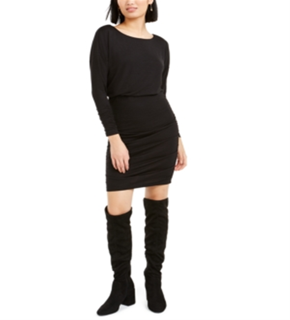 Vestido curto com decote em V e manga comprida Bar III feminino, preto, tamanho X-S