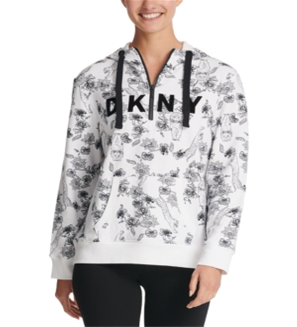 Moletom com capuz DKNY Sport Sumatra feminino com zíper e meio, branco, tamanho XS