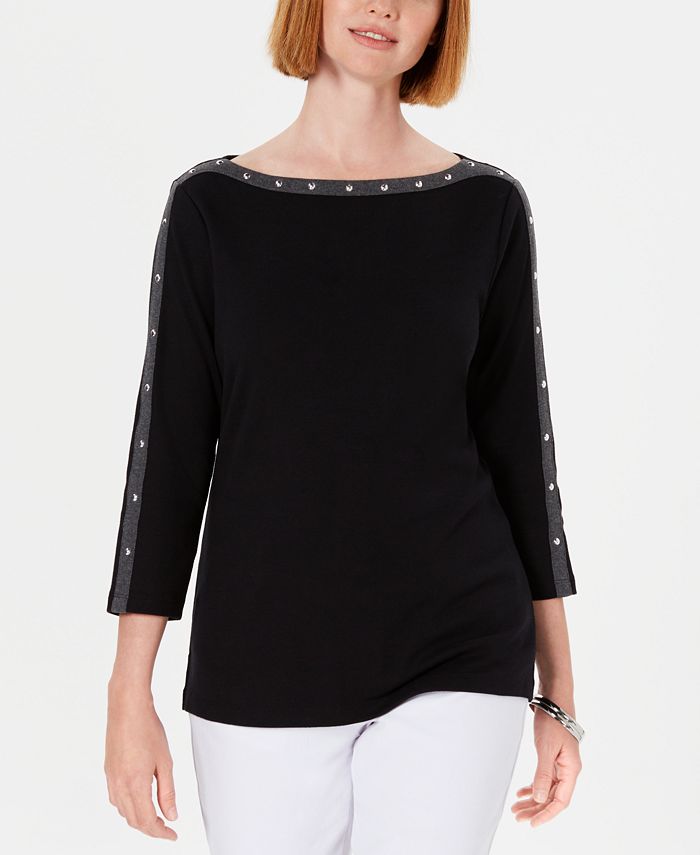 Karen Scott Blusa feminina de algodão com tachas e gola canoa, preta, tamanho pequeno