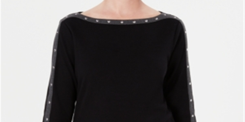 Karen Scott Blusa feminina de algodão com tachas e gola canoa, preta, tamanho pequeno