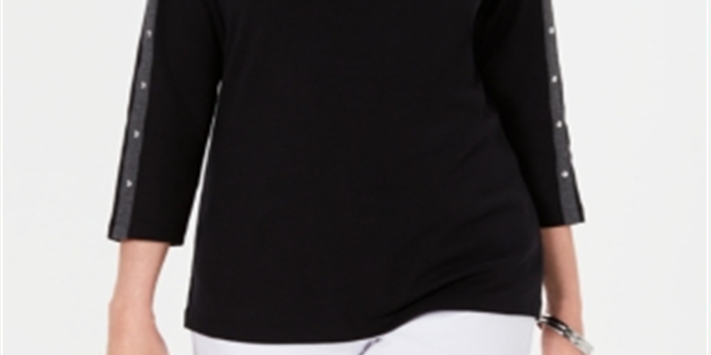 Karen Scott Blusa feminina de algodão com tachas e gola canoa, preta, tamanho pequeno