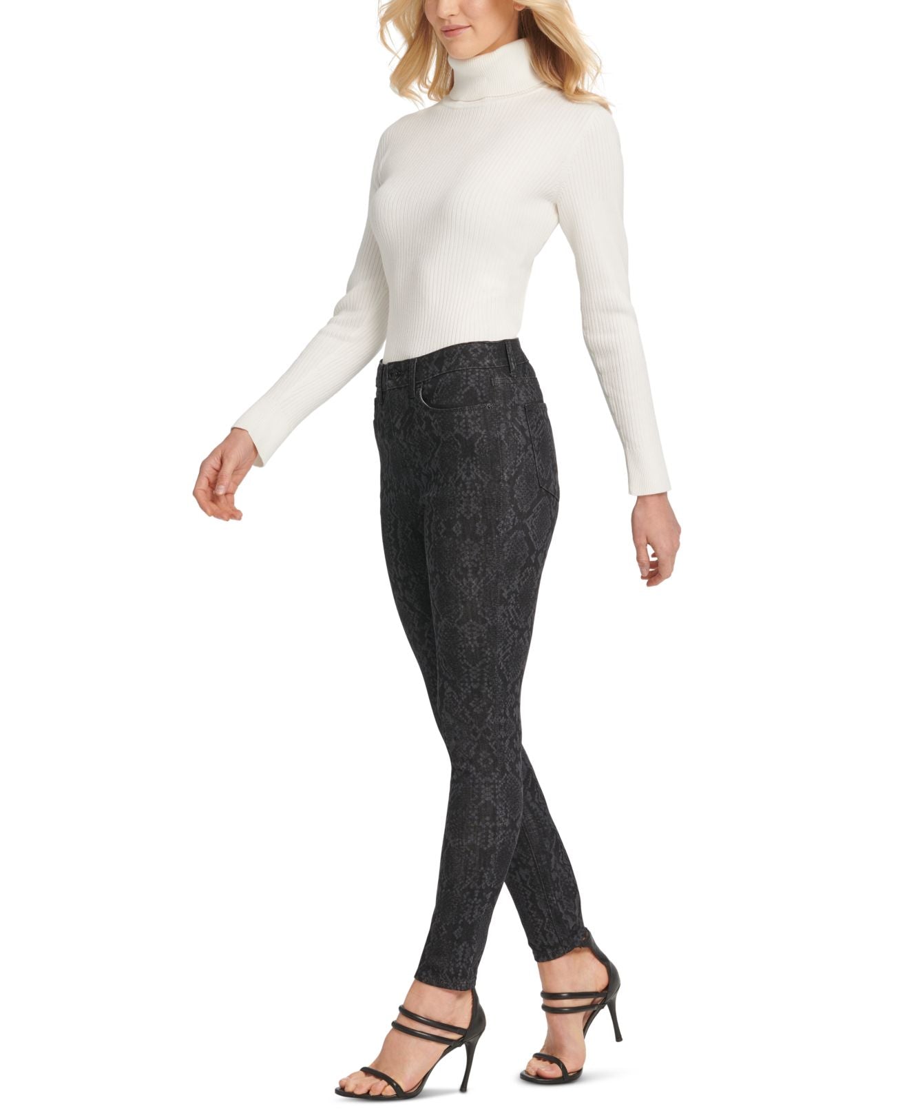 Calça jeans skinny elástica com estampa de pele de cobra feminina DKNY, preta, tamanho 29x26