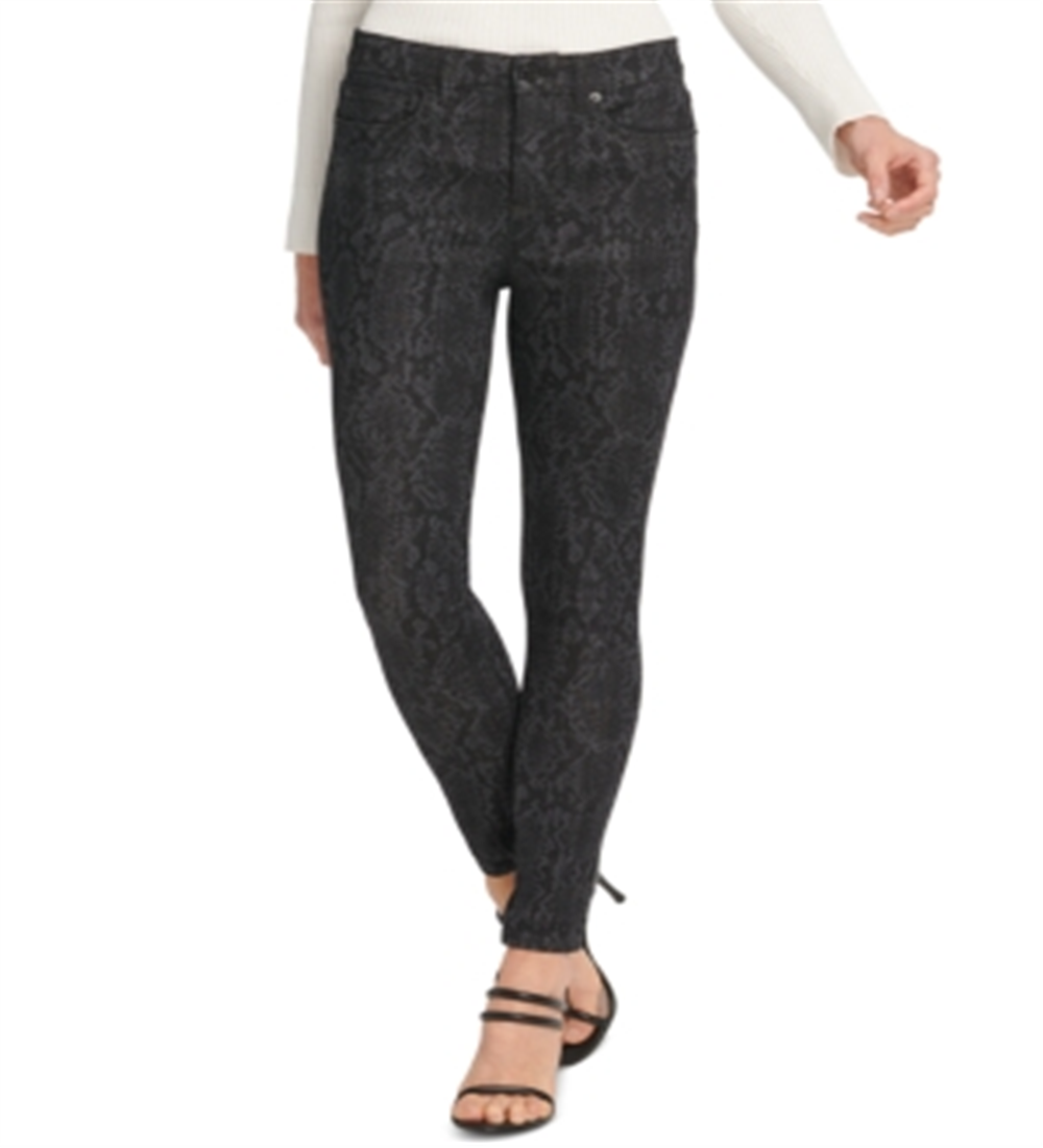 Calça jeans skinny elástica com estampa de pele de cobra feminina DKNY, preta, tamanho 29x26