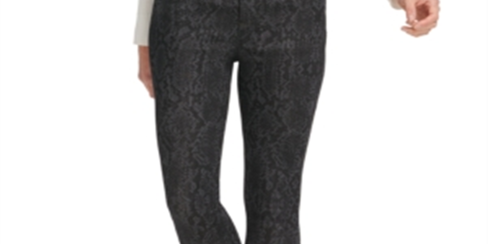 Calça jeans skinny elástica com estampa de pele de cobra feminina DKNY, preta, tamanho 29x26