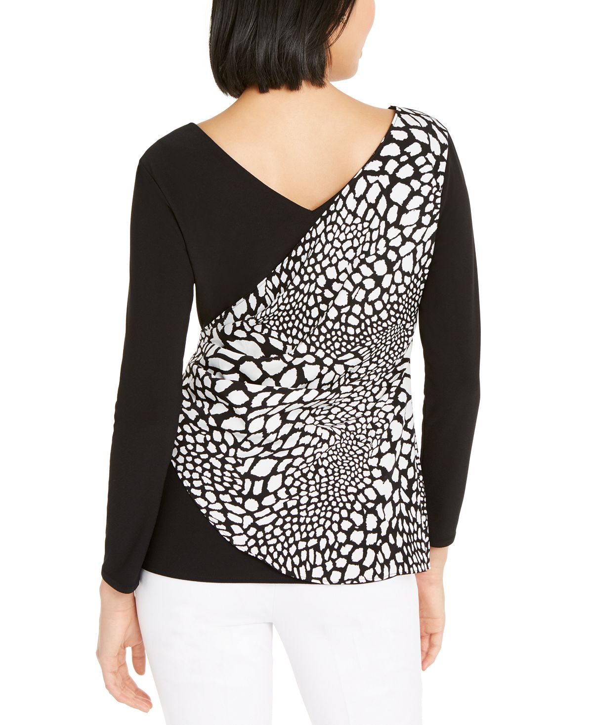 Blusa feminina Alfani estampada, manga comprida, decote em V, preta, tamanho pequeno