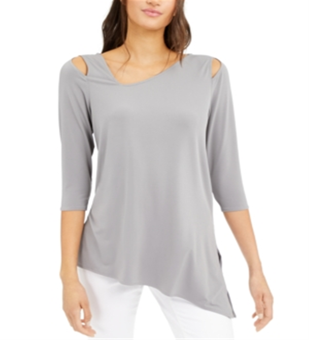 Blusa feminina Alfani com recorte, manga 3/4, decote redondo, cinza, tamanho extragrande