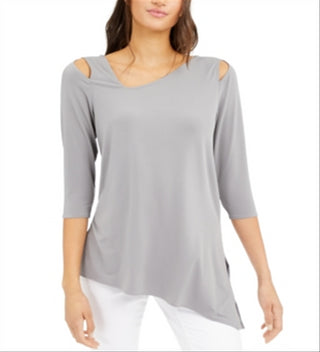 Blusa feminina Alfani com recorte, manga 3/4, decote redondo, cinza, tamanho extragrande