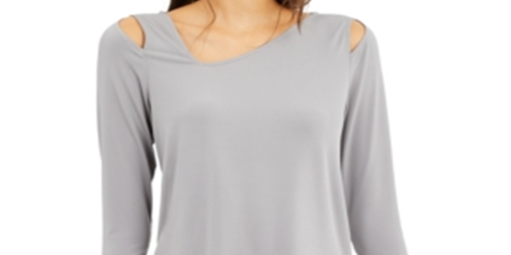 Blusa feminina Alfani com recorte, manga 3/4, decote redondo, cinza, tamanho extragrande