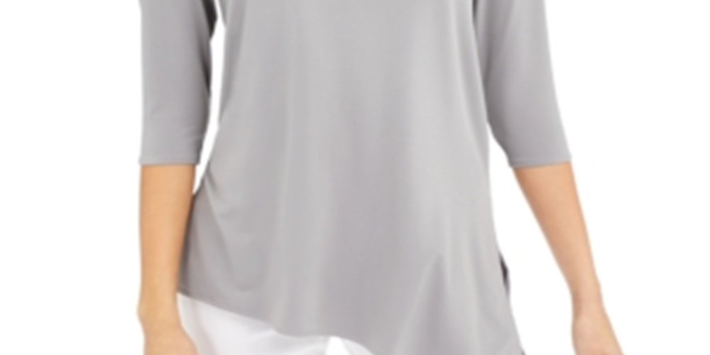 Blusa feminina Alfani com recorte, manga 3/4, decote redondo, cinza, tamanho extragrande