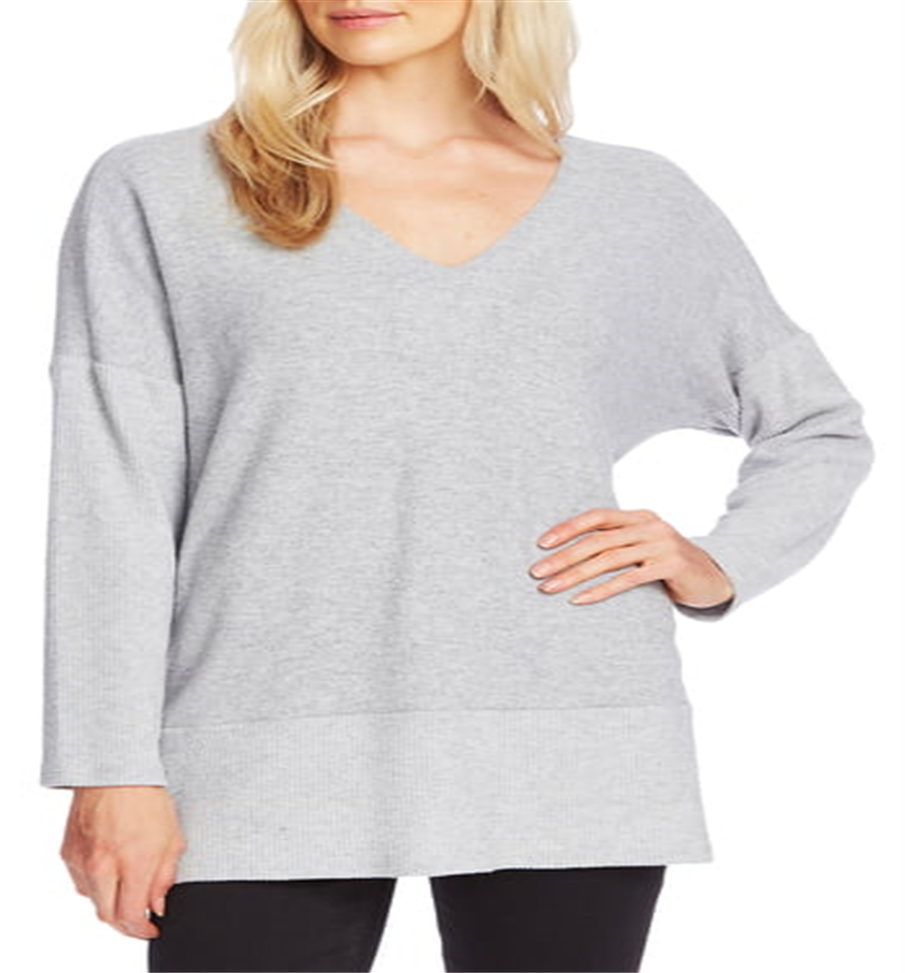 Suéter feminino Vince Camuto com acabamento canelado escovado, cinza, tamanho grande