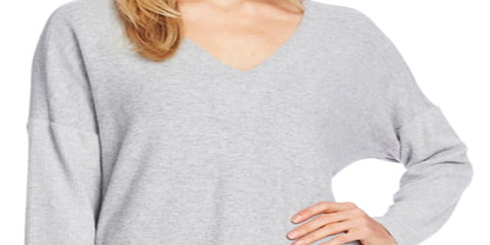 Suéter feminino Vince Camuto com acabamento canelado escovado, cinza, tamanho grande