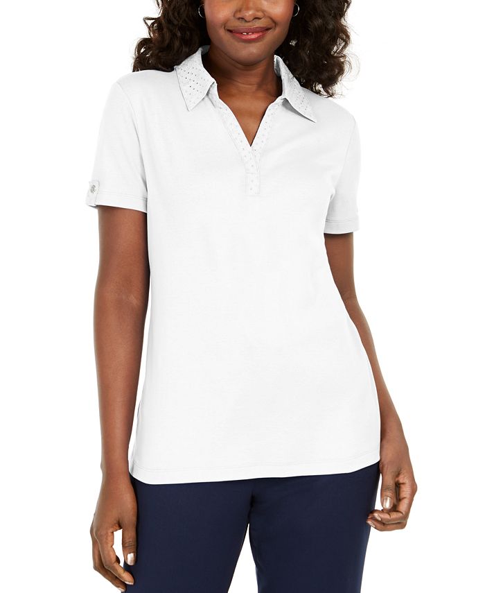 Karen Scott Blusa Feminina de Algodão com Gola com Ilhós, Branca, Tamanho P