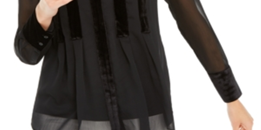 Blusa feminina Alfani com botões frontais e acabamento em veludo, preta, tamanho M