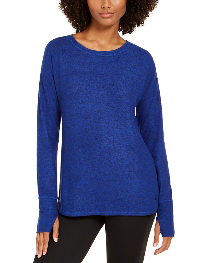 Blusa de malha mesclada feminina Ideology, manga comprida, azul brilhante, tamanho P