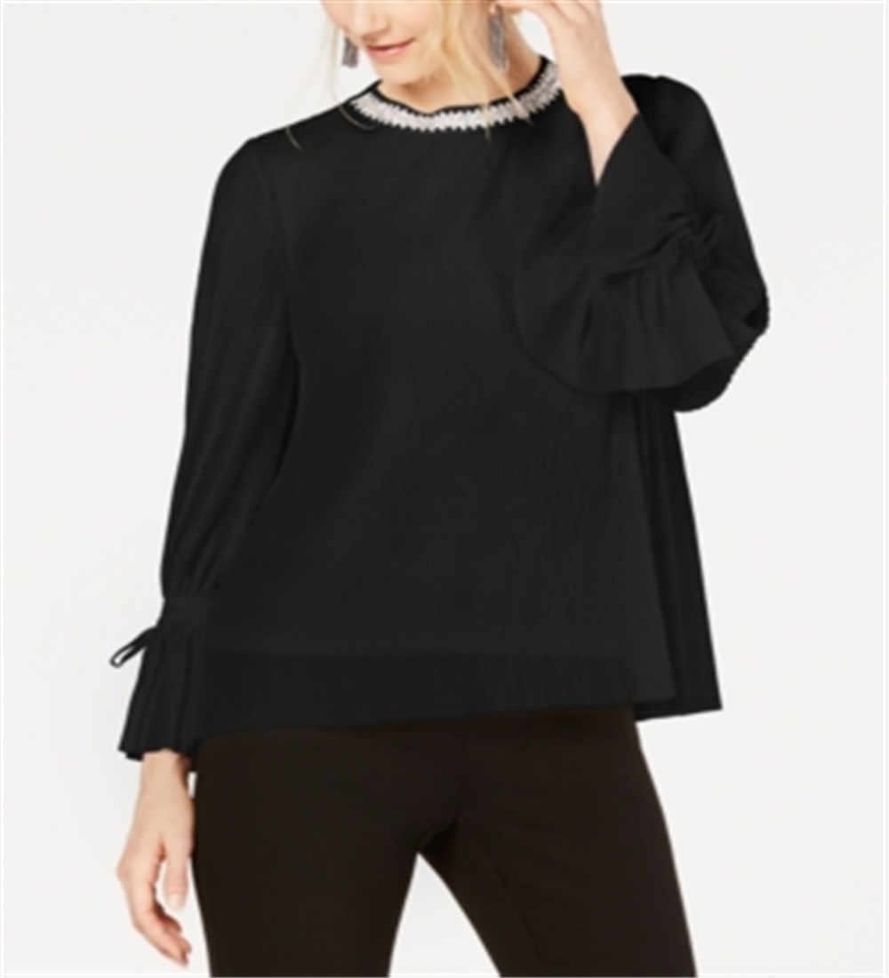 Blusa feminina Alfani com listras texturizadas e decote embelezado, preta, tamanho pequeno G