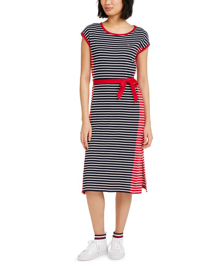 Vestido feminino Tommy Hilfiger de algodão com listras coloridas e MIDI, tamanho P, vermelho