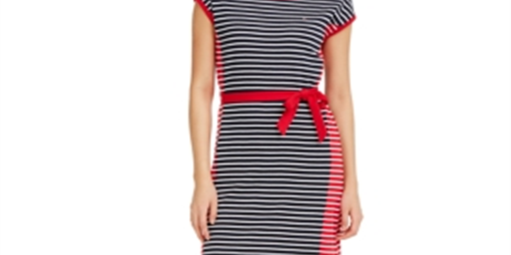 Vestido feminino Tommy Hilfiger de algodão com listras coloridas e MIDI, tamanho P, vermelho
