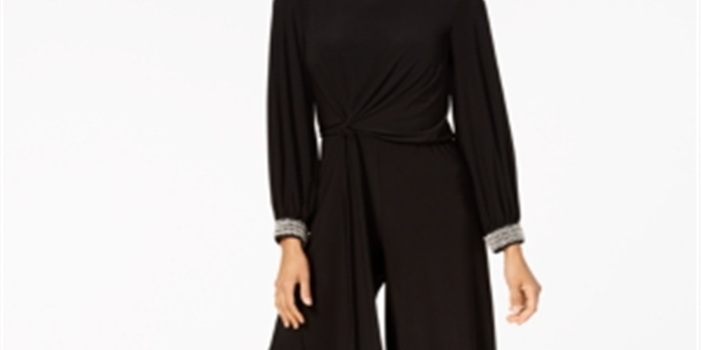 Macacão feminino MSK com decote em joia e pernas largas para festa, preto, tamanho extragrande