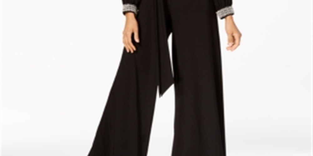 Macacão feminino MSK com decote em joia e pernas largas para festa, preto, tamanho extragrande